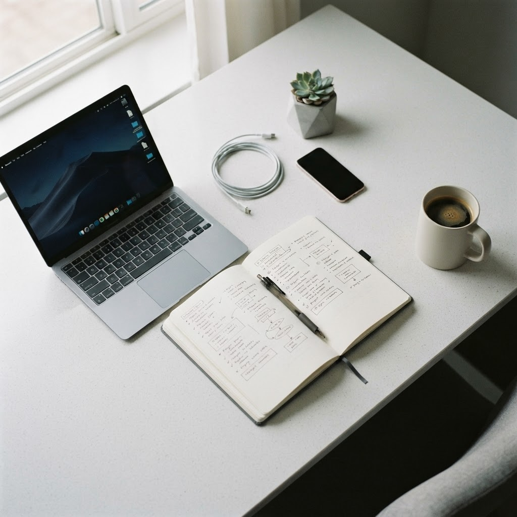 An organized desk with a notebook of handwritten plans, a laptop and a pen
